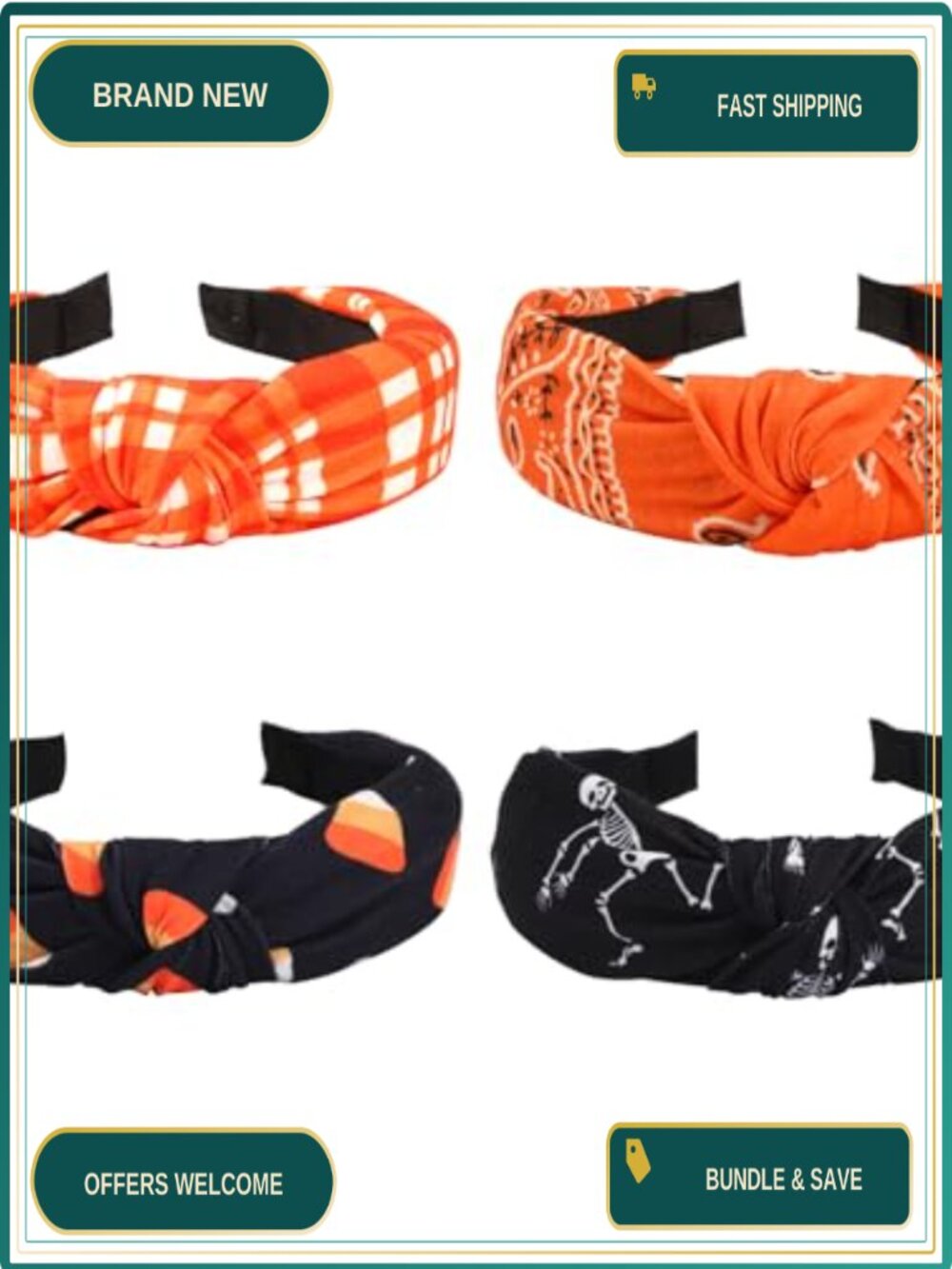 Halloween Skeleton Candy Knot Wide Headbands 4Pc Hair Accessories Set